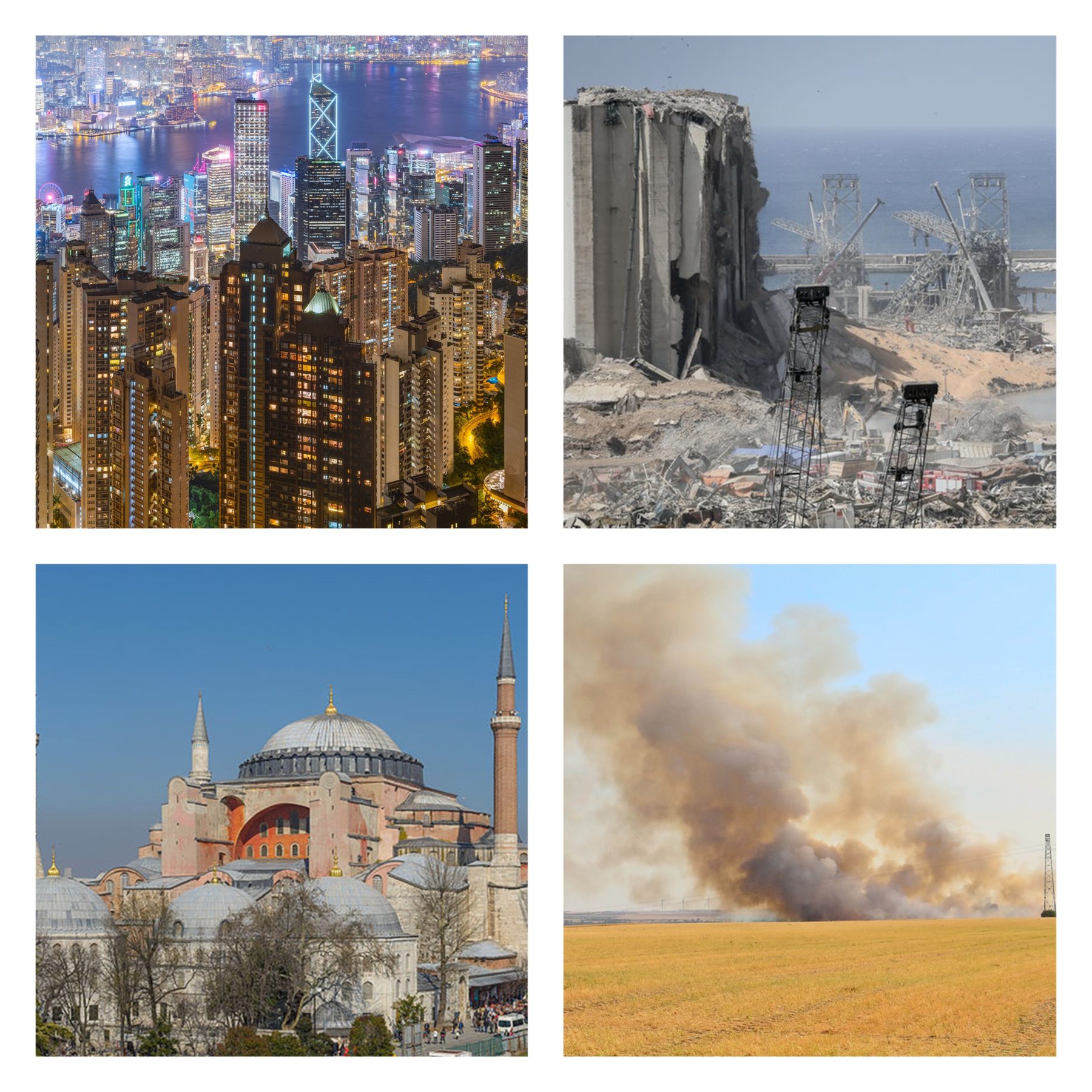 Quatre images : Hong Kong, le port de Beyrouth dévasté, la basilique Sainte-Sophie et un incendie