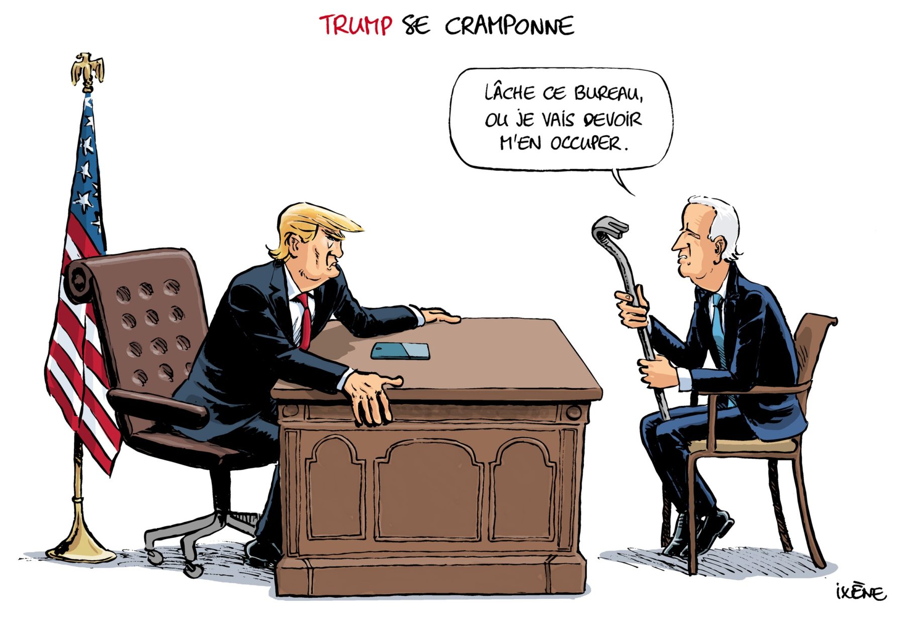 Dessin de presse représentant Donald Trump et Joe Biden dans le bureau ovale. Trump est cramponné à son bureau et Biden tient dans ma un pied de biche de dit : Lâche ce bureau, ou je vais devoir m'en occuper.