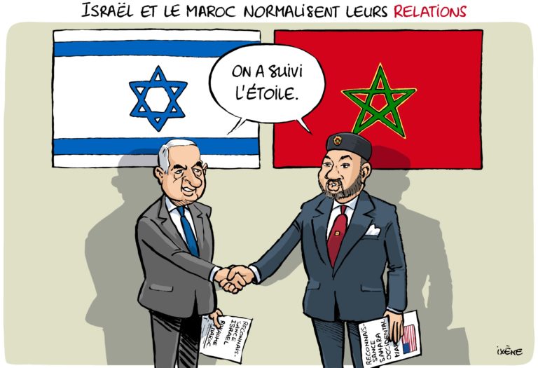 Dessin de presse : Le Premier ministre israélien et le roi du Maroc se serrent la main devant leurs drapeaux respectifs. 'On a suivi l'étoile', disent-ils.