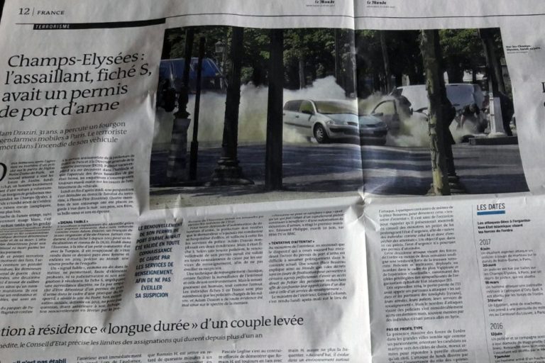 Un article du quotidien Le Monde racontant l'attentat manqué du 19 juin 2017, sur l’avenue des Champs-Elysées