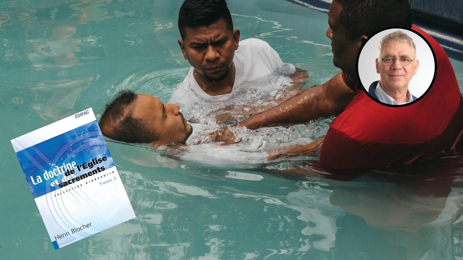Couverture de l'ouvrage avec portrait de Serge Carrel. En fond, un adulte se fait baptiser par deux hommes.
