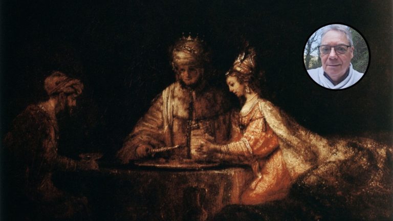 Le tableau montre le moment où la reine Esther dévoile à Assuérus sa judéité et accuse Haman de complot.