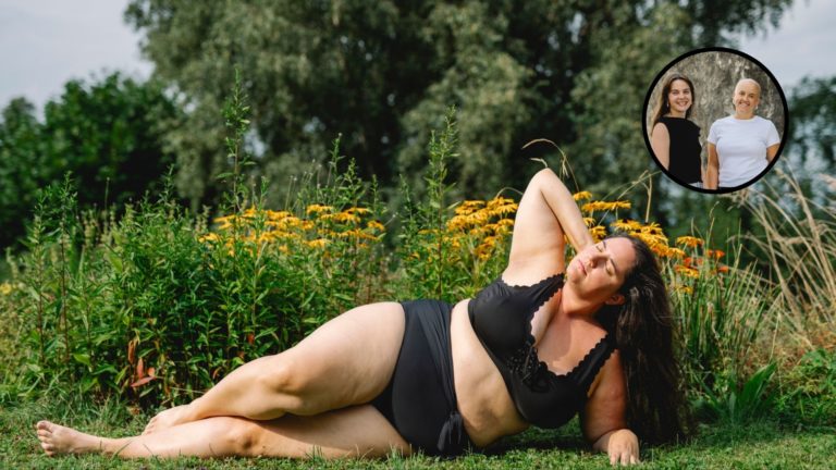 Une femme est allongée dans l'herbe, en maillot de bain. En haut, les portraits de Lisa Zbinden et d'Elsa Mesot.