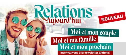 Un jeune couple aux lunettes de soleil avec une invitation à s'abonner à la newsletter Relations Aujourd'hui