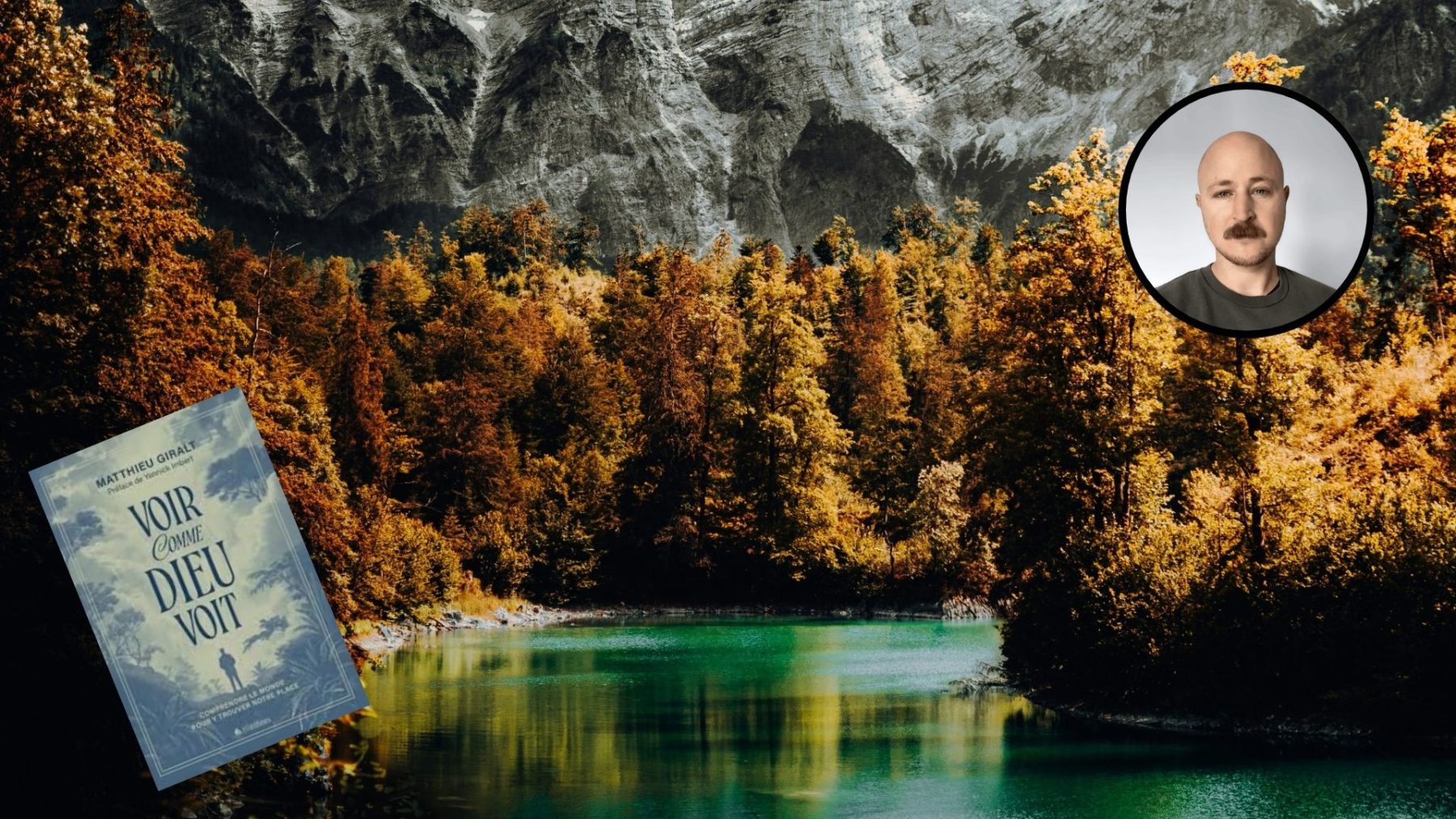 On voit un paysage d'automne magnifique, avec des arbres orangés, un lac en premier plan et une montagne saupoudrée de neige en arrière-plan. Photo de Matthieu Giralt en haut à droite et de son ouvrage en bas à gauche.