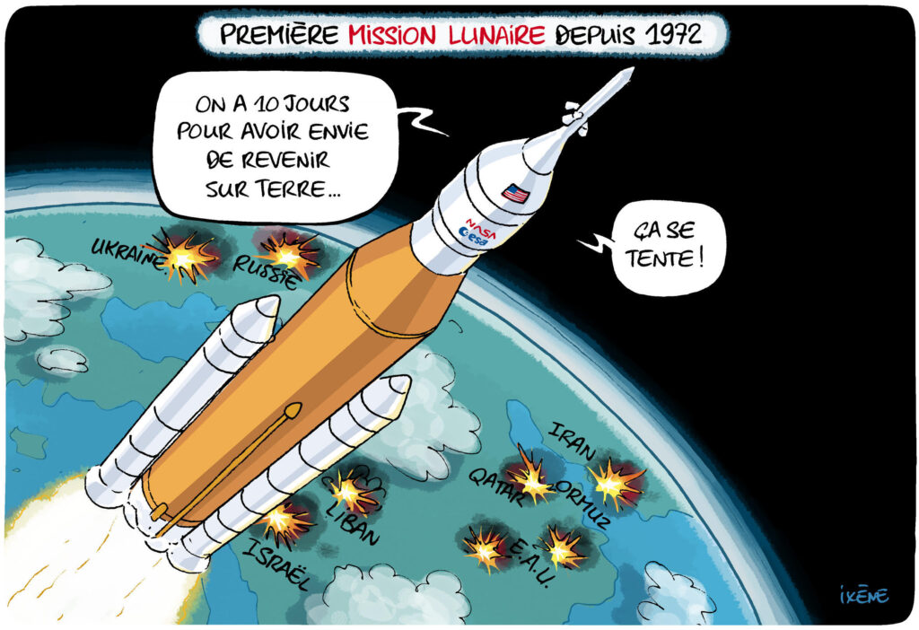 Dessin de presse d'Ixène montrant la fusée Artémis quittant une Terre en proie aux conflits au Proche-Orient