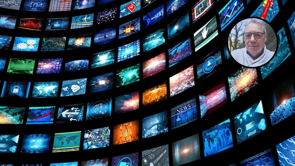 Mur d'écrans diffusant plusieurs chaînes d'information simultanément