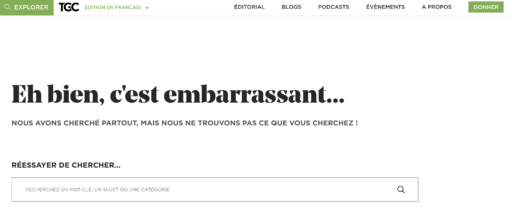 Capture d'écran de la page vide de Sam Allberry sur Evangile 21, avec un grand titre «Eh bien, c'est embarrassant» (placeholder générique pour une page non trouvée), symbolisant le silence embarrassant autour de la disgrâce du pasteur