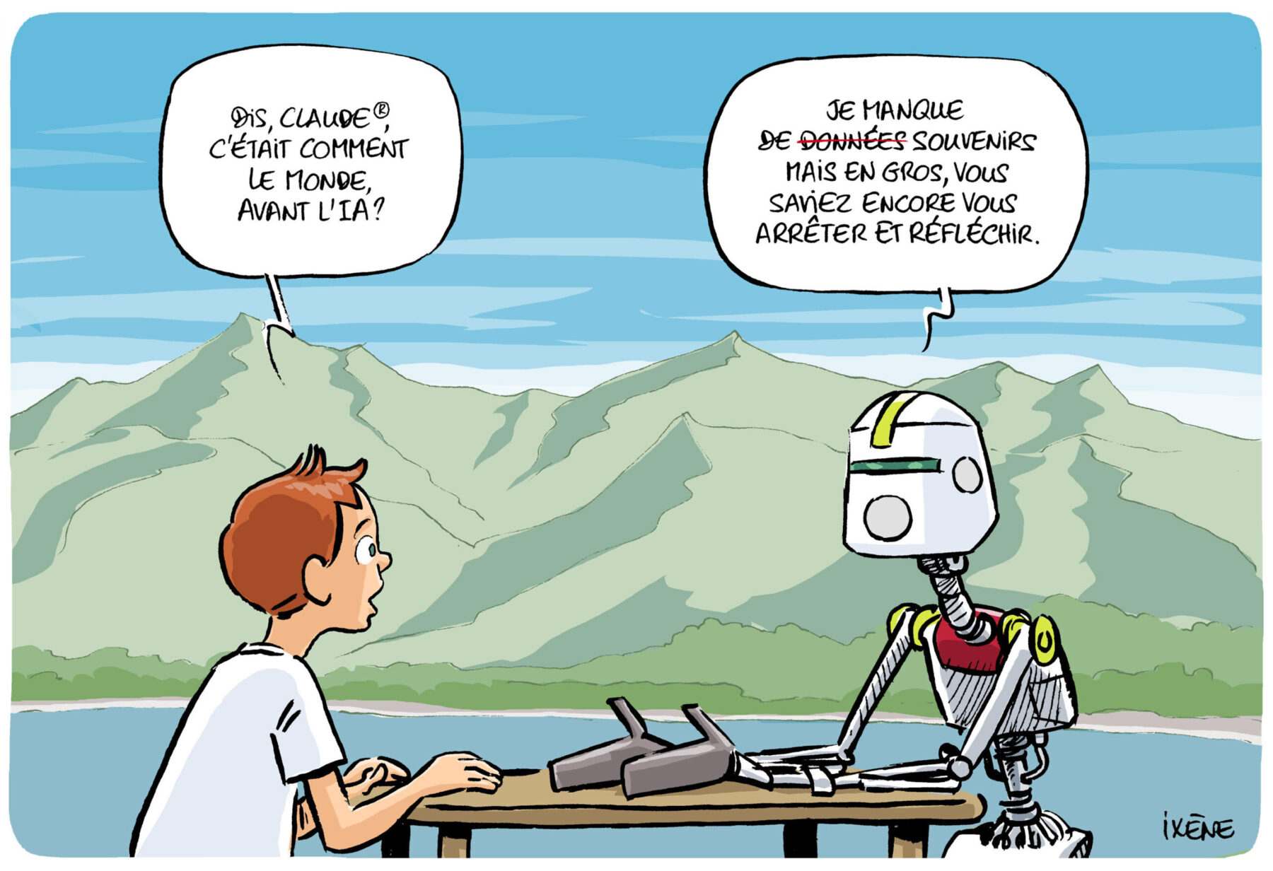 Dessin humoristique: un enfant demande à un robot comment était le monde avant l'IA, le robot répond qu'on savait encore s'arrêter et réfléchir
