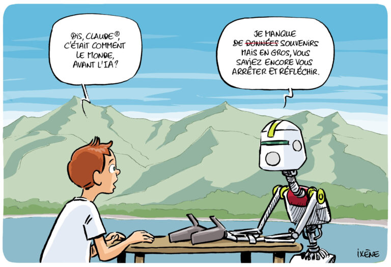 Dessin humoristique: un enfant demande à un robot comment était le monde avant l'IA, le robot répond qu'on savait encore s'arrêter et réfléchir