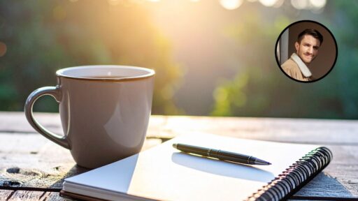 Un café avec un journal et un stylo sur une table d'extérieur, le matin