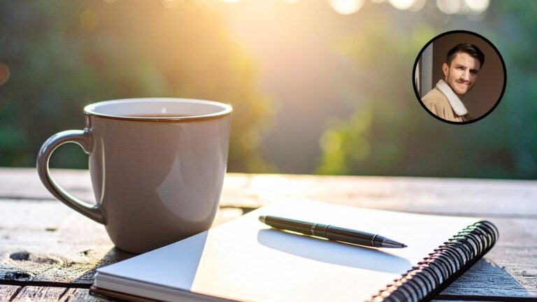 Un café avec un journal et un stylo sur une table d'extérieur, le matin