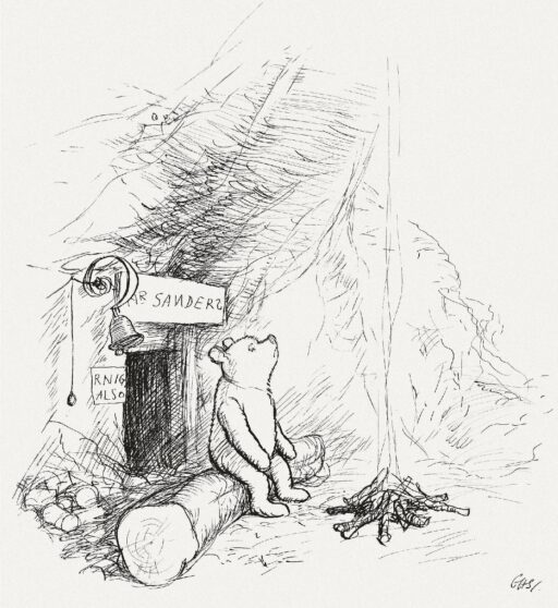 Dessin à la plume d'E. H. Shepard: Winnie l'Ourson assis sur une bûche devant la porte de sa maison